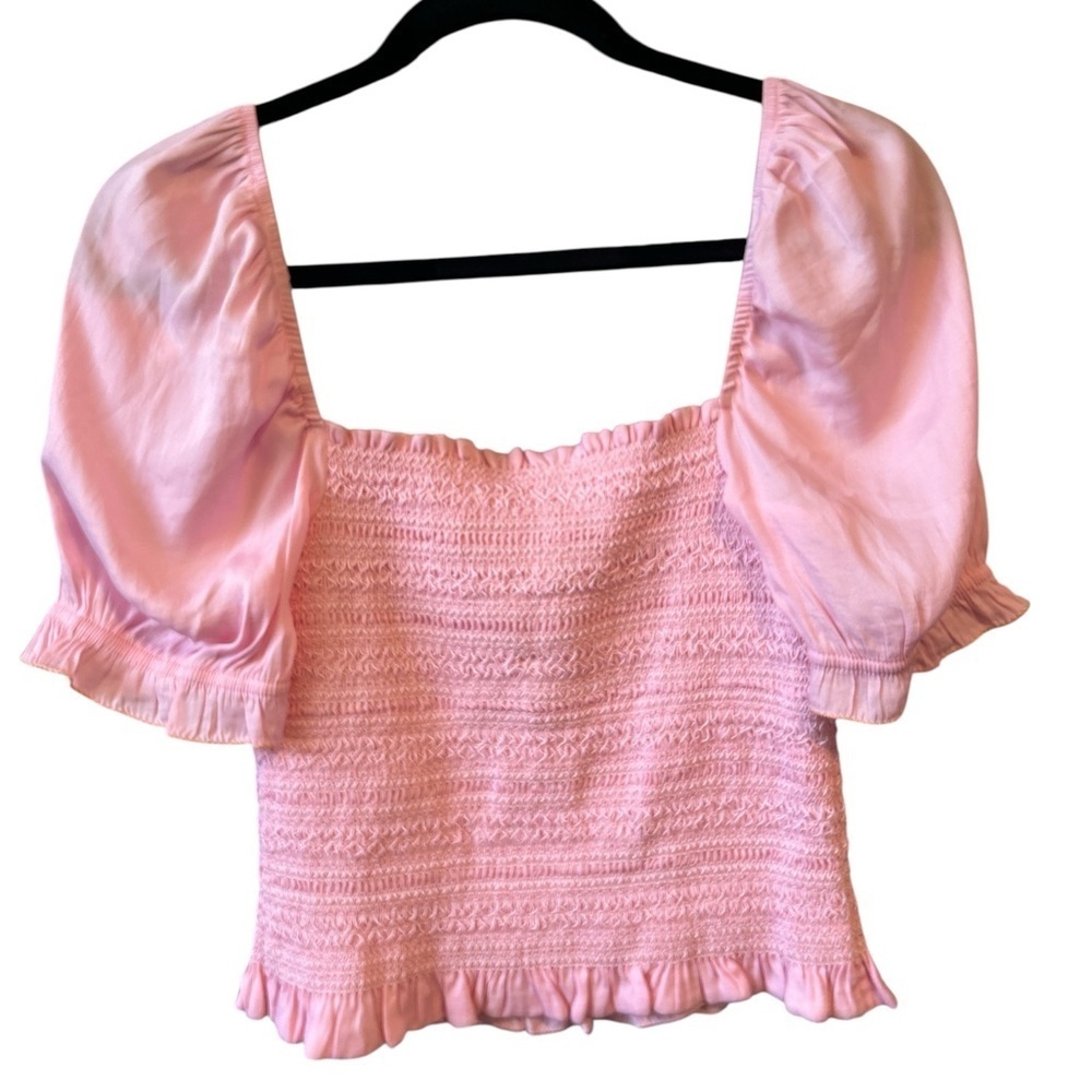 dolan Smocked Puff Sleeve Cropped Pink Blouse Shirt Small - Picture 3 of 7